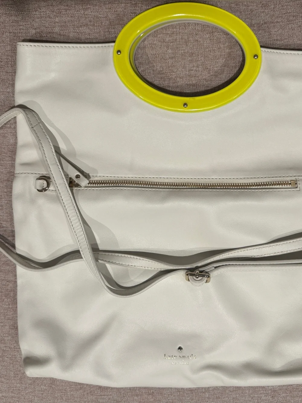 kate spade Cream Leather Tote with Yellow Circular Handle Accent